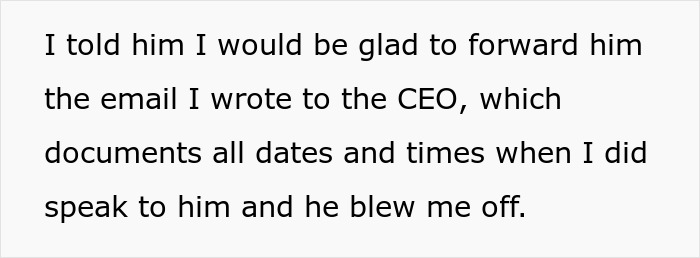Text excerpt showing an employee stating willingness to forward an email documenting conversations about promised raises.