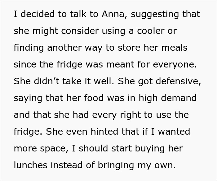 Text about coworker conflict over fridge space and lunch storage in a shared office environment. Text about coworker conflict over fridge space and lunch storage in a shared office environment.