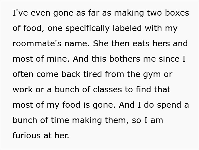 Text excerpt explaining frustration over roommate stealing food despite labels, related to serial food thief and peanut allergy incident.