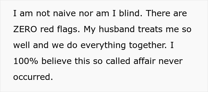 Text excerpt from a post denying affair claims as a couple is confronted by an elderly neighbor about infidelity.