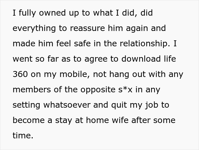 Text excerpt discussing a wife agreeing to life monitoring and quitting her job after husband coerces her into pregnancy as punishment.
