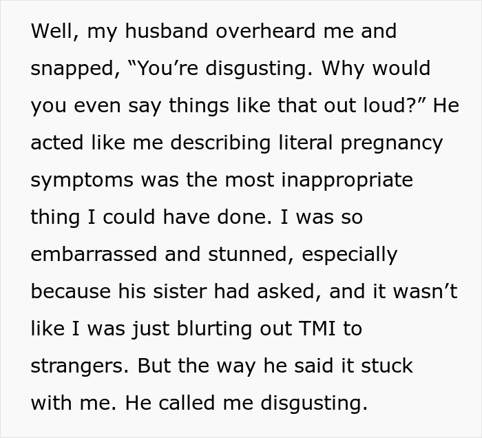 Alt text: Text describing a husband calling his pregnant wife disgusting after overhearing her pregnancy symptoms conversation.