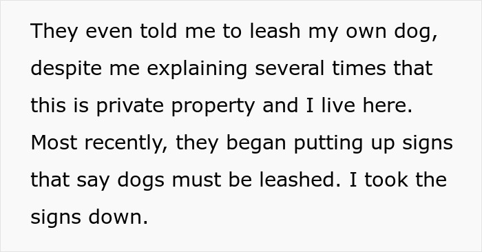Text showing frustration over strangers imposing dog walking rules on private land, discussing leash signs and access control.