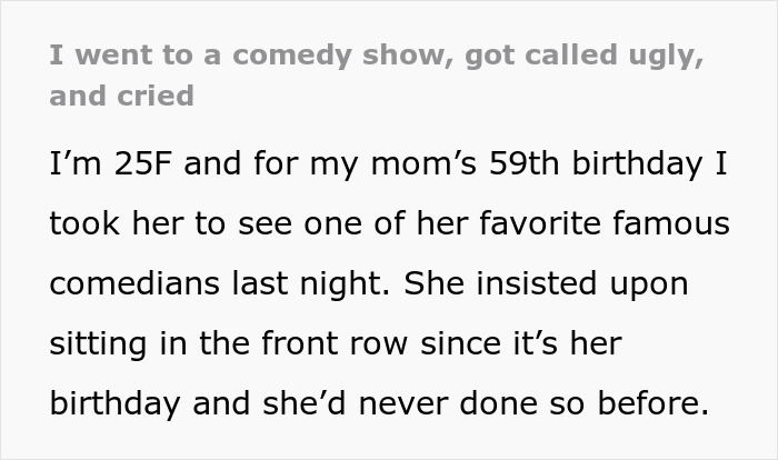 Woman attends stand-up comedy show, experiences emotional distress, and ends up crying instead of laughing at the performance. Woman attends stand-up comedy show, experiences emotional distress, and ends up crying instead of laughing at the performance.