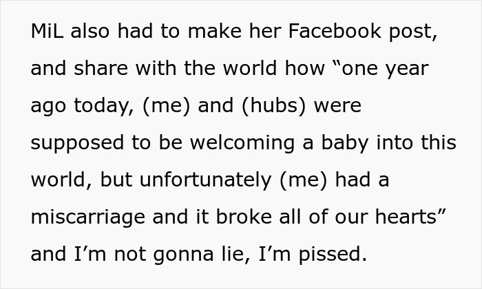 Text shows a woman upset about her mother-in-law hijacking pregnancy and sharing miscarriage details on Facebook.