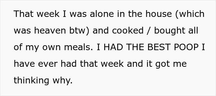 A person reflecting on feeling sick from parents' food and finding relief when cooking their own meals alone.