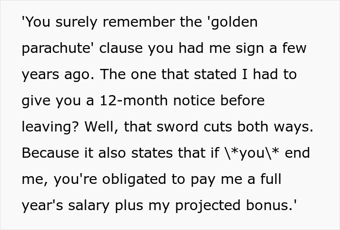 Text excerpt showing a conversation about a golden parachute clause and pricey employee contract terms in a company dispute.