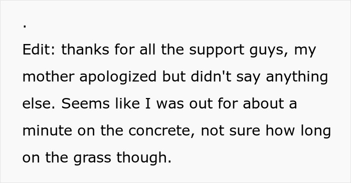 Text post about a teen fainting and hurting herself, with mention of a mom questioning how graceful the fall was.