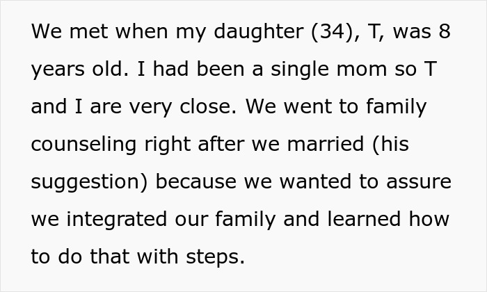 Text on a white background describing a mother&rsquo;s experience blending family through counseling after marriage with her daughter and husband.