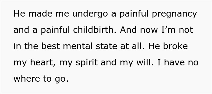 Alt text: Emotional testimony about coerced pregnancy as punishment for cheating causing mental and physical suffering.
