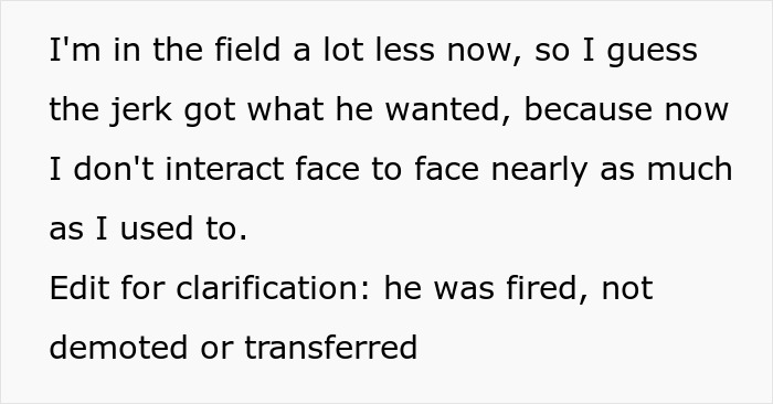 Text message discussing reduced face-to-face interaction after new manager labeled overweight woman unfit to see clients.