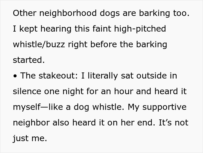 Text excerpt describing a neighbor&rsquo;s experience hearing a dog whistle sound before neighborhood dogs bark loudly.
