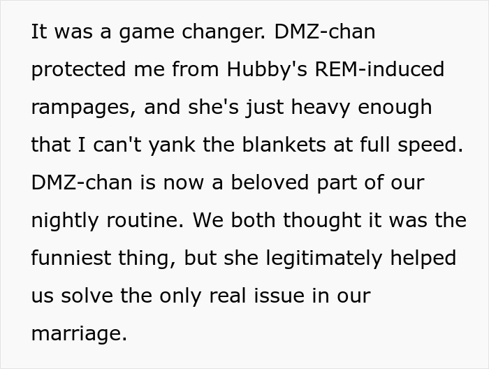 Text describing MIL thinking her son is in a throuple with his wife and an anime pillow, while the wife sees no harm. Text describing MIL thinking her son is in a throuple with his wife and an anime pillow, while the wife sees no harm.
