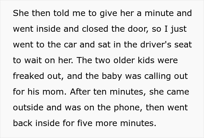 Text excerpt describing a woman waiting in a car as children show distress after being brought home.