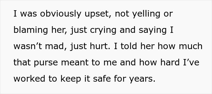 Text excerpt about woman upset over purse loss, describing emotional impact in a long friendship purse fiasco story.