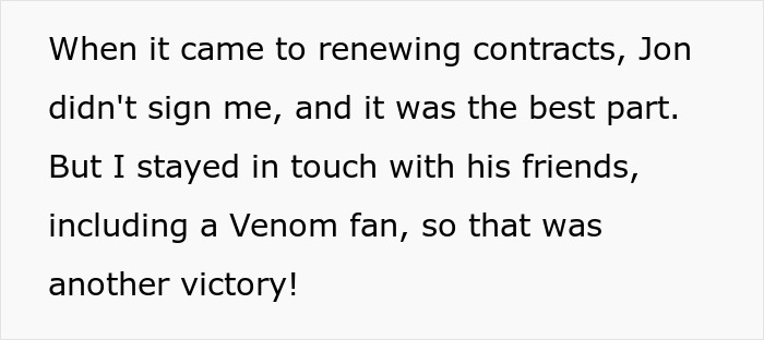 Text excerpt on a white background about not signing contracts and staying in touch with friends including a Venom fan.