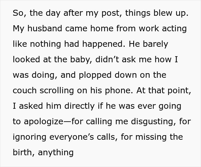 Text excerpt describing a husband ignoring his baby and not apologizing after calling his pregnant wife disgusting.