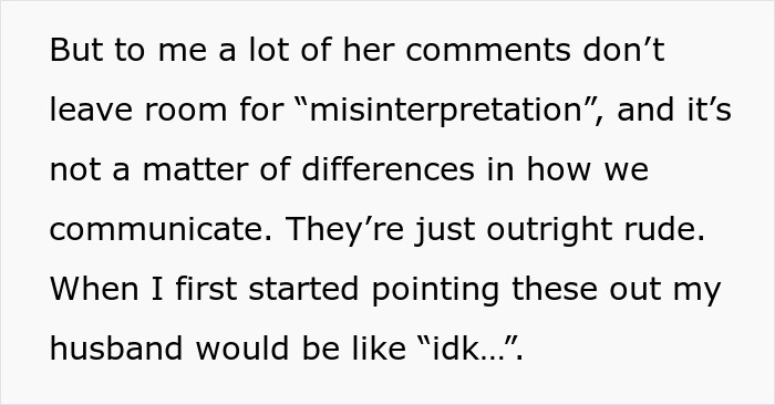 Text excerpt about woman&rsquo;s MIL making rude comments, husband breaking down over years of emotional strain and disrespect.