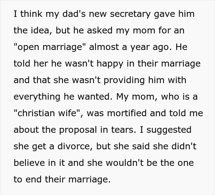 Text excerpt describing a dad wanting an open marriage and his wife&rsquo;s emotional reaction as a Christian wife.