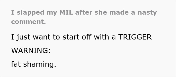 Text showing a trigger warning about fat shaming after a woman learns what her husband really thinks of her body.