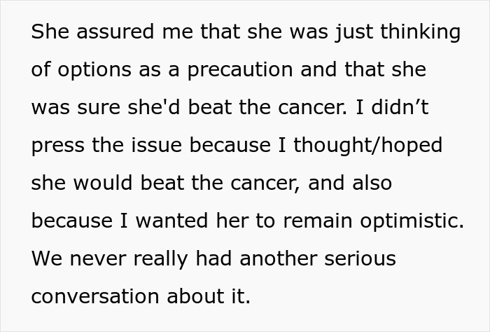 Text excerpt from a woman reflecting on her late sister’s cancer battle and the impact of her dying wish on her life. Text excerpt from a woman reflecting on her late sister’s cancer battle and the impact of her dying wish on her life.