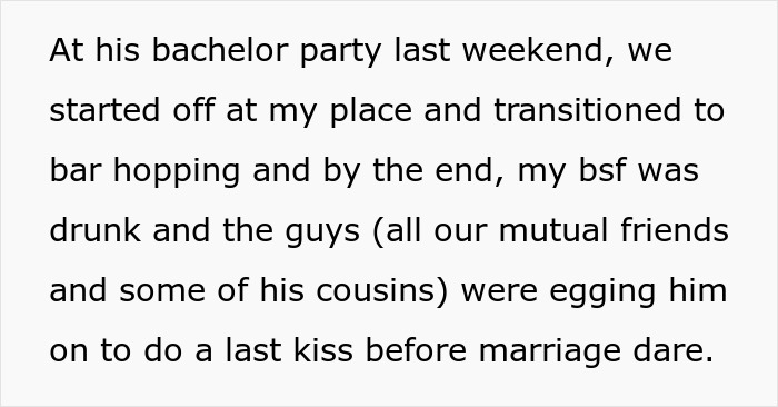 Text excerpt from a story describing a groom kissing his best friend at a bachelor party dare before marriage.
