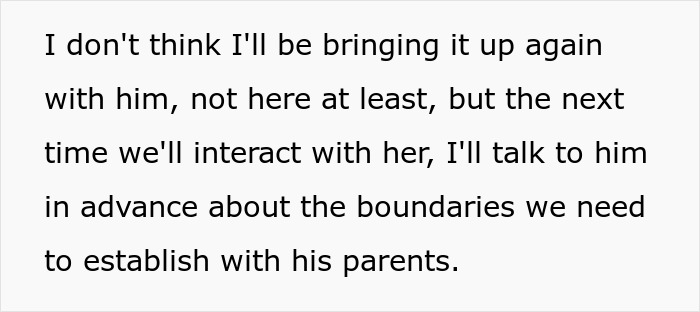 Text from a conversation discussing setting boundaries with parents before interacting with someone, relating to mil-criticizing-bikini-suitcase.