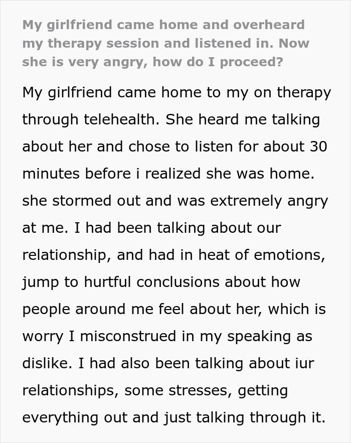 Woman eavesdrops on boyfriend’s private therapy session, angered by what she overhears about their relationship. Woman eavesdrops on boyfriend’s private therapy session, angered by what she overhears about their relationship.