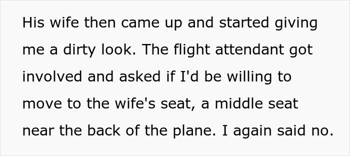 Text excerpt describing flight drama involving a passenger refusing to swap seats during journey.