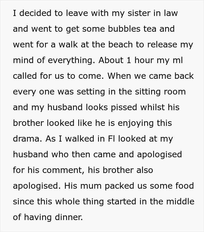 Text from a personal story describing a husband's reaction and his twin brother&rsquo;s offer involving younger woman humor.