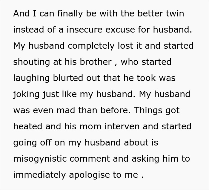 Text showing a heated argument after a man jokes about trading his wife for a younger woman and his twin brother offers to date her instead.