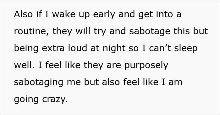 Text describing feeling sabotaged and going crazy due to parents' food making daughter sick and causing distress.