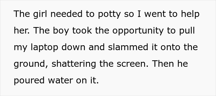 Text showing a story about a kid smashing and pouring water on a babysitter&rsquo;s laptop causing damage.