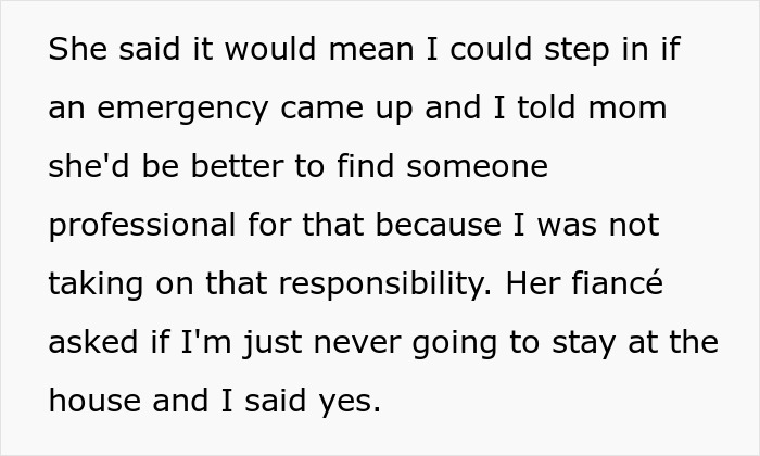 Alt text: Text discussing a mom trying to recruit her 20-year-old son to care for fiancé’s disabled daughter and his refusal. Alt text: Text discussing a mom trying to recruit her 20-year-old son to care for fiancé’s disabled daughter and his refusal.