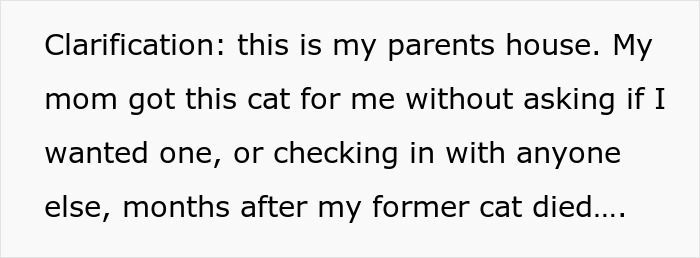 Text about parents going behind daughter's back to get rid of her cat while pregnant sister visits causing conflict. Text about parents going behind daughter's back to get rid of her cat while pregnant sister visits causing conflict.