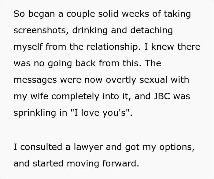 Text excerpt describing a husband discovering wife cheating, consulting a lawyer, and planning his revenge.