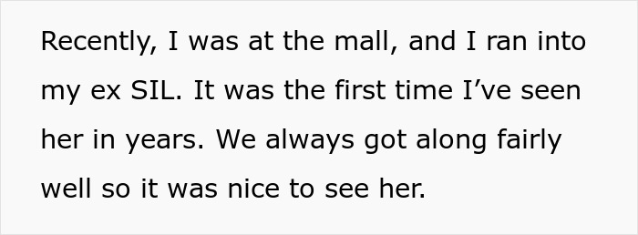 Text excerpt describing a surprising encounter with an ex sister-in-law at a mall after many years.