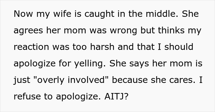 Text excerpt about wife caught in the middle after MIL banned for secret digging through trash.