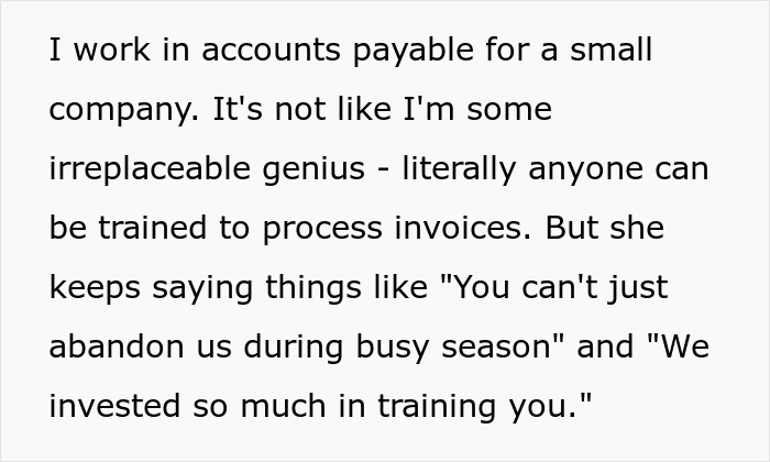 Alt text: Employee shares frustration with boss pretending never gave notice during busy season despite training investment.