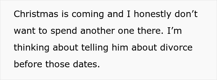 Person expressing feelings about inlaws pushing boundaries around divorce during the holiday season and difficult family dynamics.
