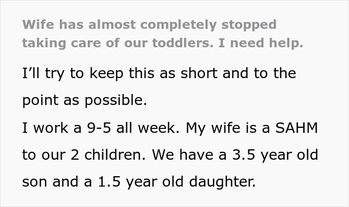 Text excerpt about wife leaving toddlers behind while husband struggles to care for children and seek help.