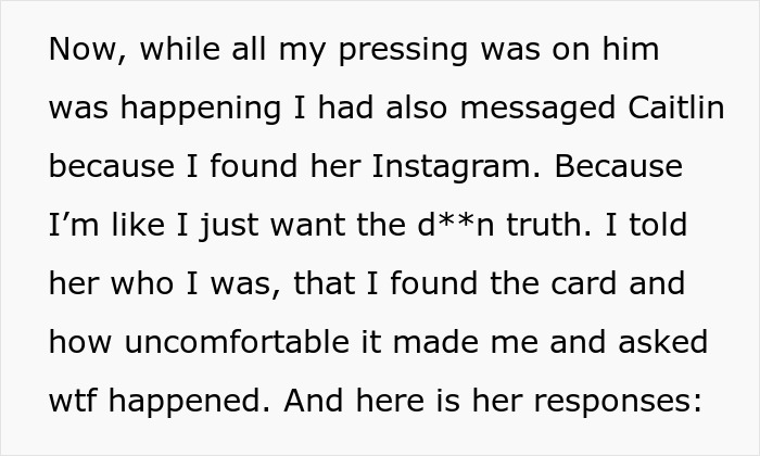 Message screenshot about finding another woman Valentine card and confronting her on social media for the truth.