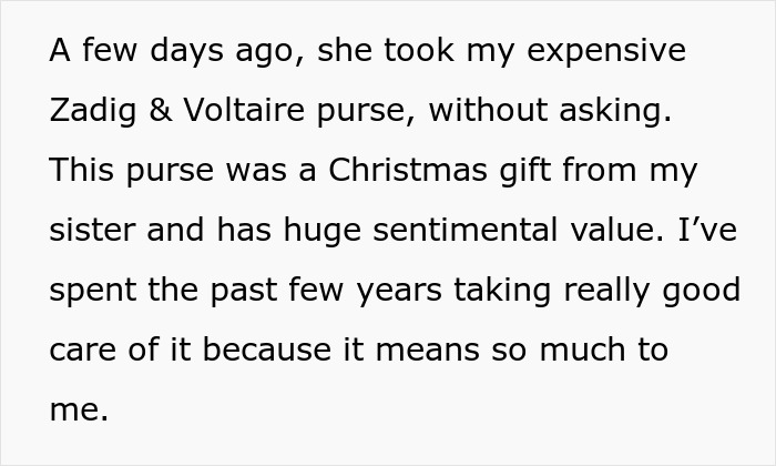Text excerpt from a woman explaining how a purse with sentimental value caused the end of a 15-year friendship.