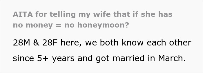 Text post about husband telling wife no money means no honeymoon, discussing expectations and paying for tickets.