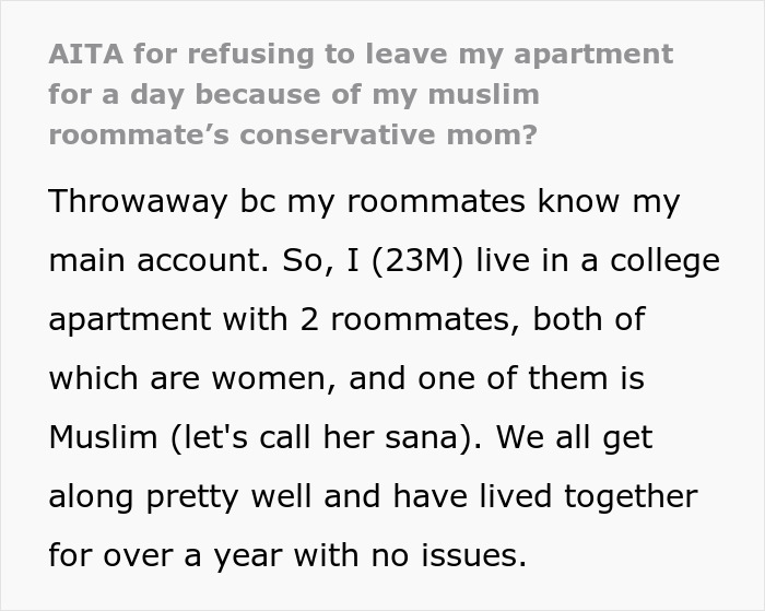 Text excerpt about a student kicked out by roommate's Muslim mom to keep appearances in a shared college apartment. Text excerpt about a student kicked out by roommate's Muslim mom to keep appearances in a shared college apartment.