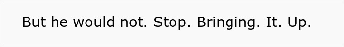 Text graphic with the words Stop Bringing It Up in black on a white background, illustrating regret in a poly open marriage story.