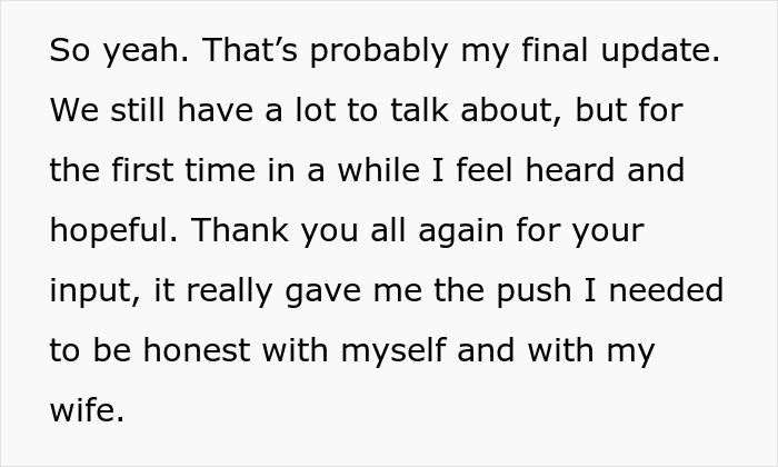 Text message update from husband discussing intimacy boundaries with his wife and reflecting on their relationship challenges.