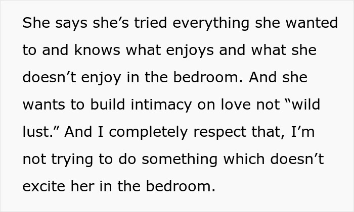Text excerpt discussing a wife's intimacy boundaries and her preference to build love-based intimacy over wild lust.