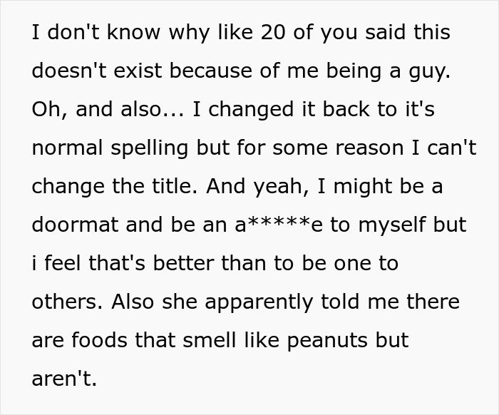 Text excerpt discussing a serial food thief with peanut allergy and issues around stolen roomie's dinner and blame.