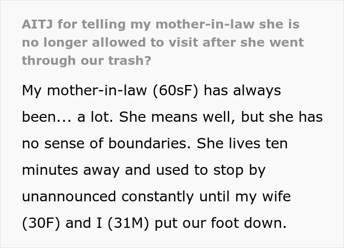 Text excerpt about mother-in-law banned from visiting after couple discovers her digging through trash and crossing boundaries.